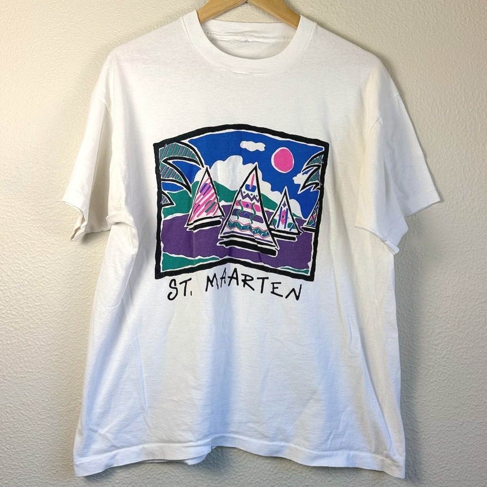 Vintage St Maarten Graphic Tee Mens XL White Good Vintage Sailboat Souvenir